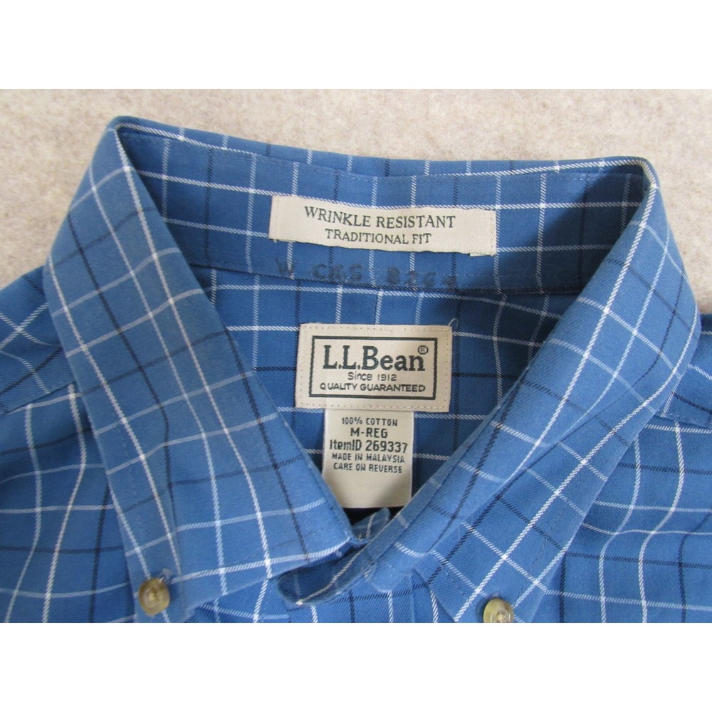 LL Bean Mens Blue Grid Plaid Wrinkle Resistant Button Down Shirt M Reg 269337 - Picture 3 of 7